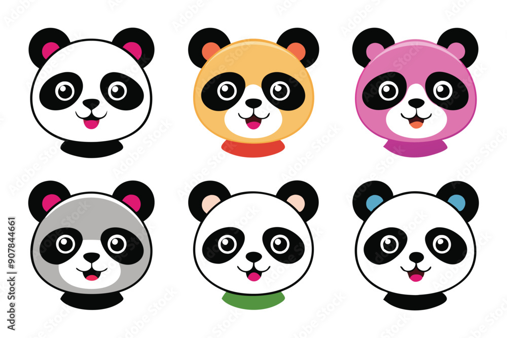 Six Cartoon Panda Faces with Different Fur Colors Six Cartoon Panda Faces with Different Fur Colors