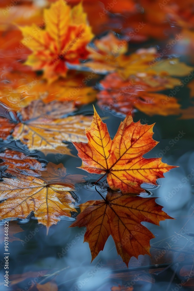 Orange autumn maple leaf lies in an autumn puddle after the rain Orange autumn maple leaf lies in an autumn puddle after the rain