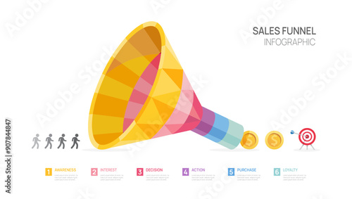 sale funnel geometric 6 level steps to goal. infographic template for business, presentation vector infographics.