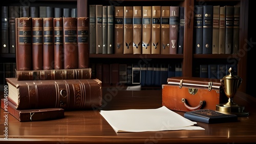 Vintage books, trophy, and leather case on desk signify scholarly success