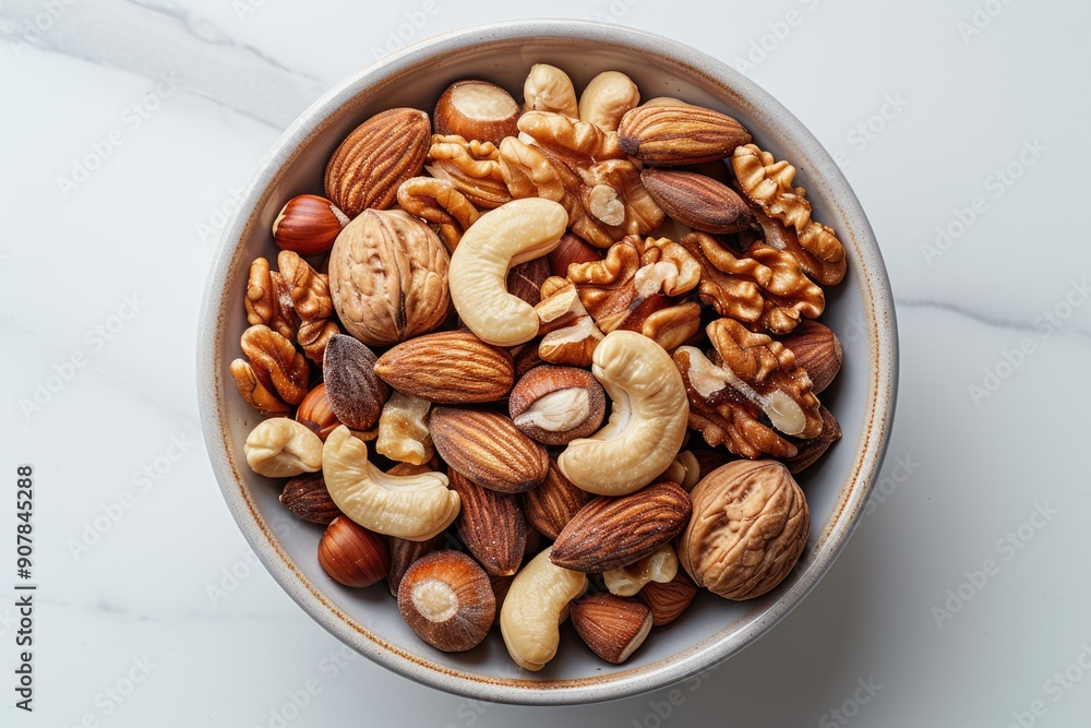 A bowl filled with a variety of mixed nuts including almonds, cashews, and walnuts, placed on a marble surface. A bowl filled with a variety of mixed nuts including almonds, cashews, and walnuts, placed on a marble surface.