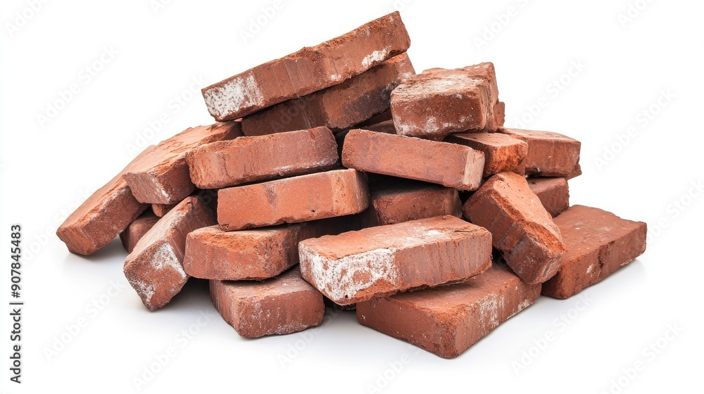 Wide-angle shot of a large, neatly stacked pile of red bricks isolated on a white background, showcasing construction materials Wide-angle shot of a large, neatly stacked pile of red bricks isolated on a white background, showcasing construction materials