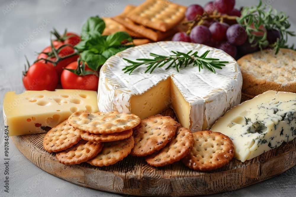 A delicious cheese platter featuring a variety of cheeses, crackers, tomatoes, grapes, and fresh herbs on a wooden board. A delicious cheese platter featuring a variety of cheeses, crackers, tomatoes, grapes, and fresh herbs on a wooden board.