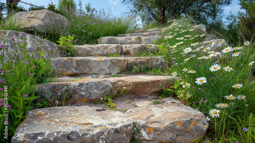 Rustic stone steps ascending a gentle hill with wildflowers