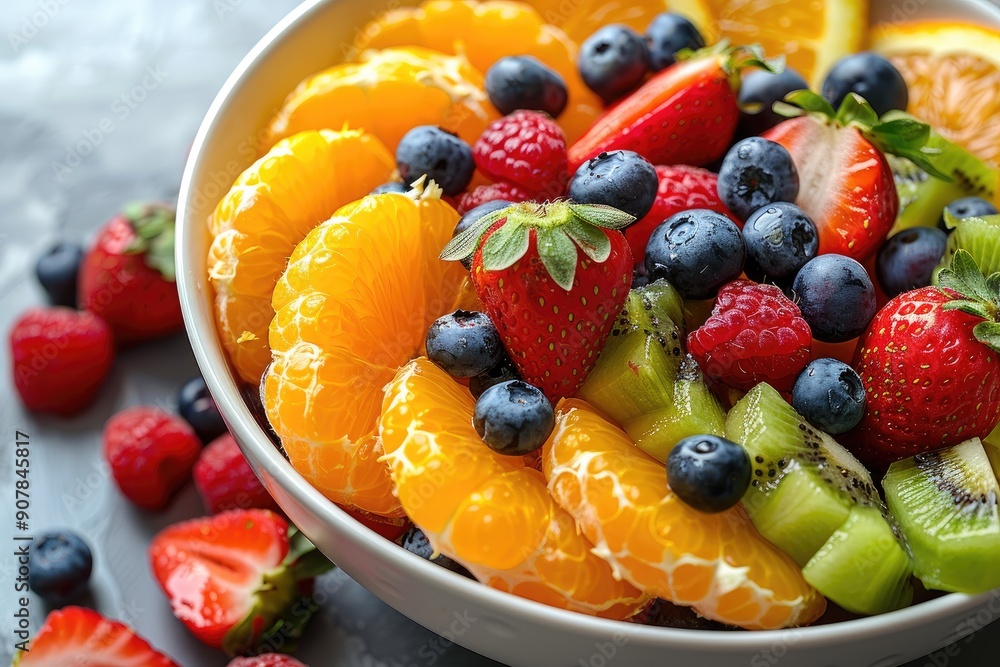 A vibrant bowl of fresh assorted fruits, including strawberries, blueberries, kiwi, and orange slices, arranged beautifully on a gray surface. A vibrant bowl of fresh assorted fruits, including strawberries, blueberries, kiwi, and orange slices, arranged beautifully on a gray surface.