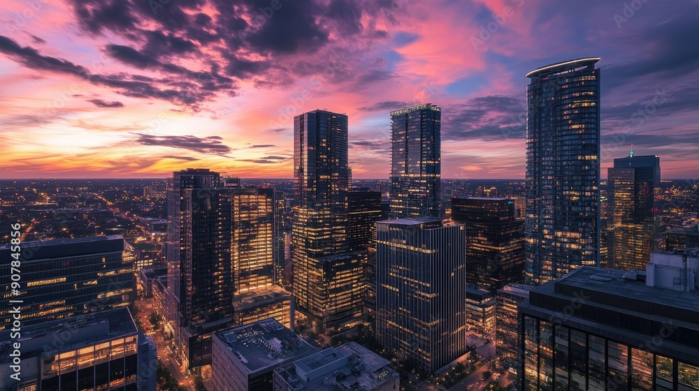 Obraz premium Wide-angle shot of the city skyline at dusk, featuring illuminated buildings against a colorful twilight sky