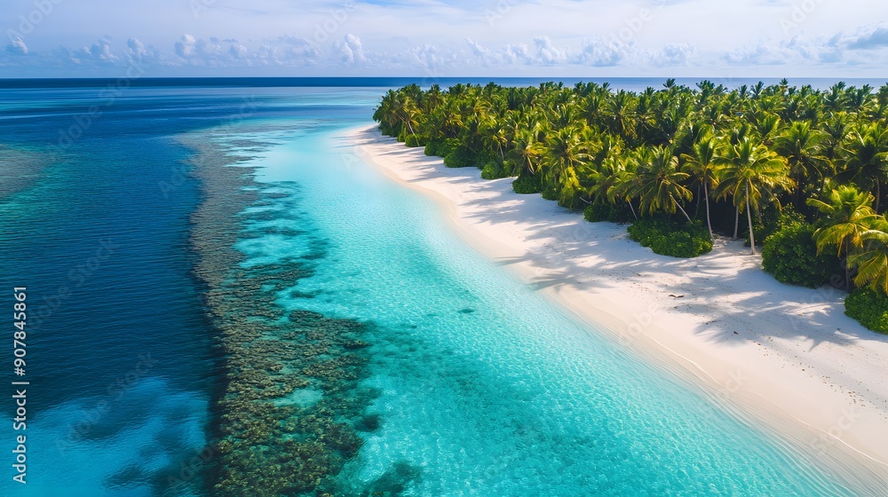 Fototapeta premium Aerial view of tropical island, turquoise ocean, white sandy beach, lush palm trees, crystal clear water, coral reef visible underwater, paradise destination, bird's eye perspective.