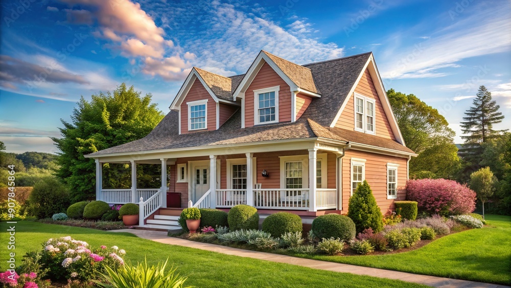 Cozy Cape Cod style vacation home with warm dusty rose exterior, charming porch, and lush greenery, set against a serene blue sky with ample copyspace. Cozy Cape Cod style vacation home with warm dusty rose exterior, charming porch, and lush greenery, set against a serene blue sky with ample copyspace.