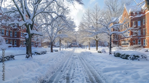 Snowy Street in Front of a Brick Building.