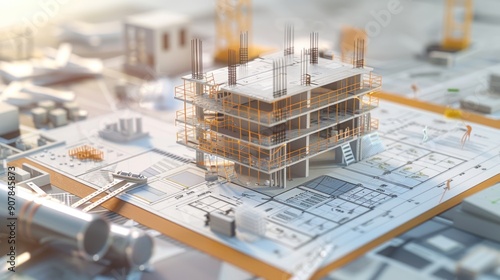 Fototapeta Naklejka Na Ścianę i Meble -  Generate a photo realistic image of a construction project featuring a detailed budget report with financial charts and cost estimations; ensure the image is of high resolution for clear 