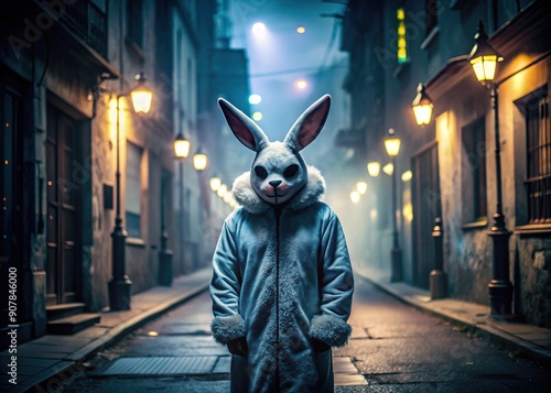 Ominous figure in a terrifying bunny costume lurks in the shadows, casting an eerie presence on a deserted street under the dark of night. photo