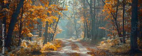 Autumn Forest Path with Golden Leaves - Photo