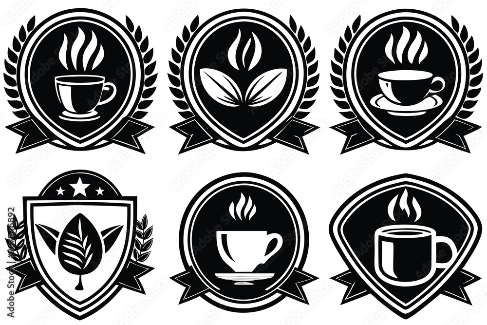 Black and White Coffee Cup and Leaf Emblems Black and White Coffee Cup and Leaf Emblems