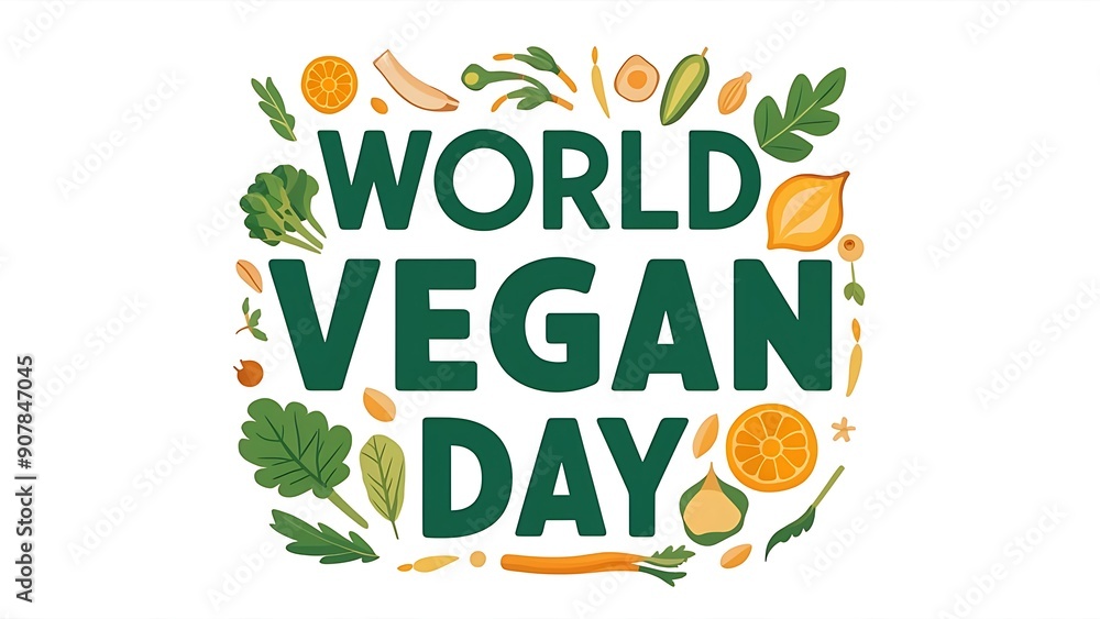 Fototapeta premium Vegan Day, Post, World Vegan Day, Banner, colorful array of fresh vegetables and. World Vegan Day Poster, Illustration Art. Happy World Vegan Day. Vegan Day Poster, Happy Vegan Day. 