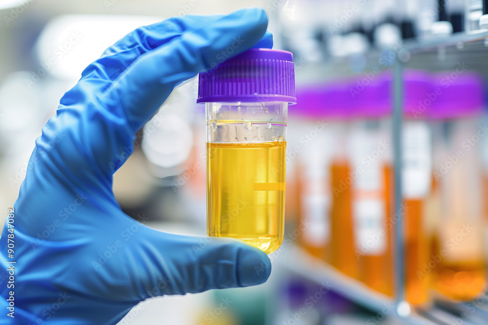biochemical analysis or doping test concept, hand in blue glove holding urine test in plastic tube biochemical analysis or doping test concept, hand in blue glove holding urine test in plastic tube