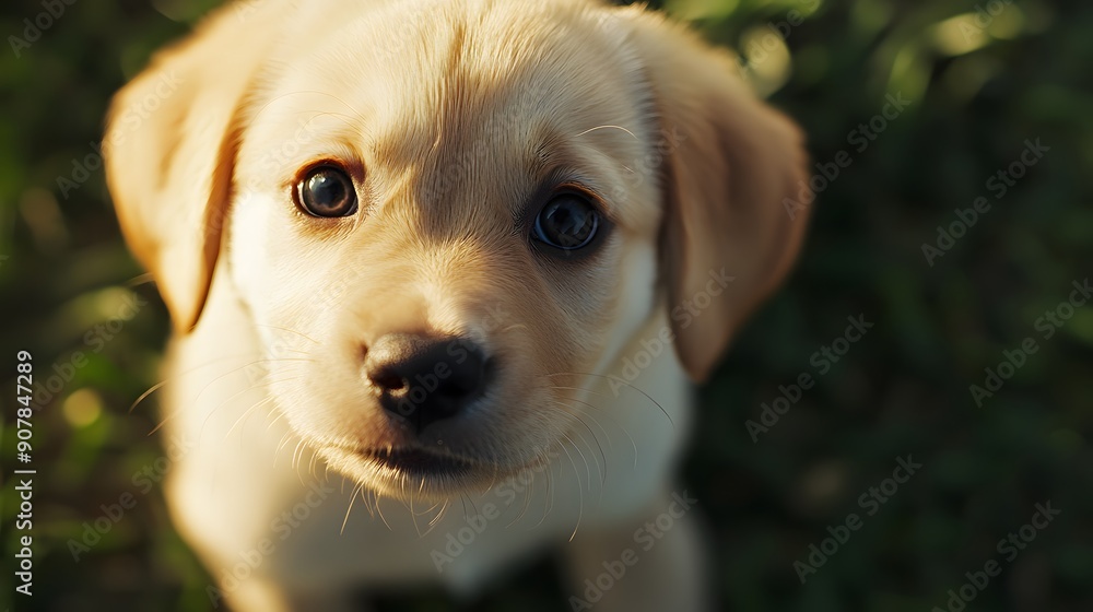 Cute labrador puppy, close-up portrait, big curious eyes, soft fur, adorable expression, green grass background, shallow depth of field, high-quality, detailed, 4k.