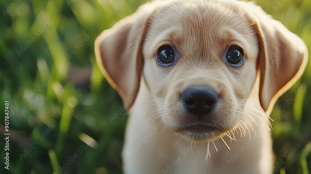 Cute labrador puppy, close-up portrait, big curious eyes, soft fur, adorable expression, green grass background, shallow depth of field, high-quality, detailed, 4k. Cute labrador puppy, close-up portrait, big curious eyes, soft fur, adorable expression, green grass background, shallow depth of field, high-quality, detailed, 4k.