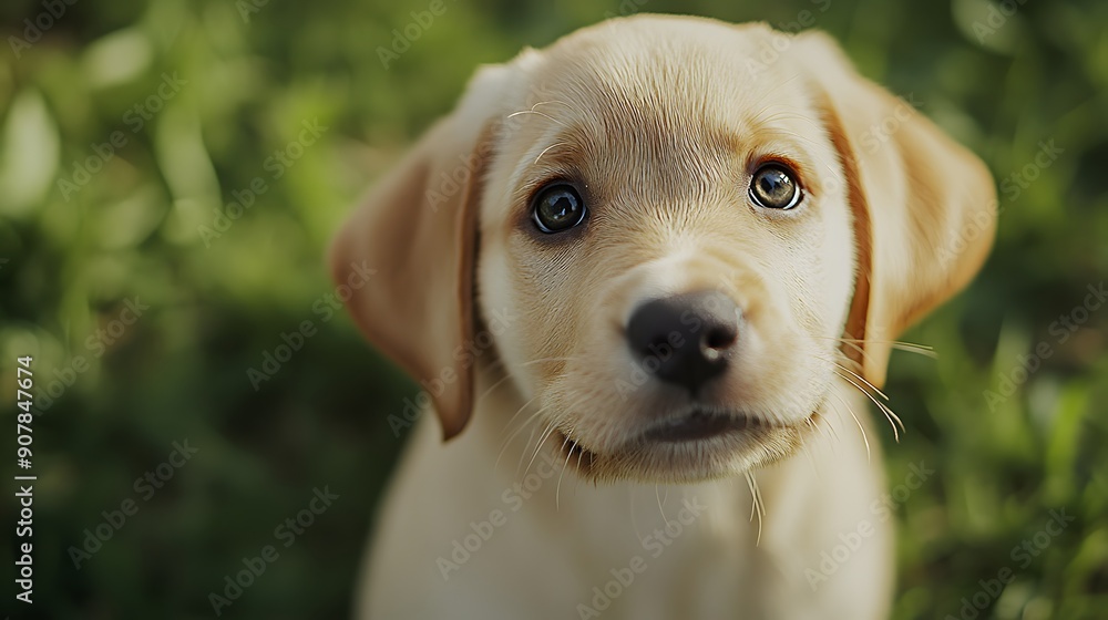 Cute labrador puppy, close-up portrait, big curious eyes, soft fur, adorable expression, green grass background, shallow depth of field, high-quality, detailed, 4k. Cute labrador puppy, close-up portrait, big curious eyes, soft fur, adorable expression, green grass background, shallow depth of field, high-quality, detailed, 4k.