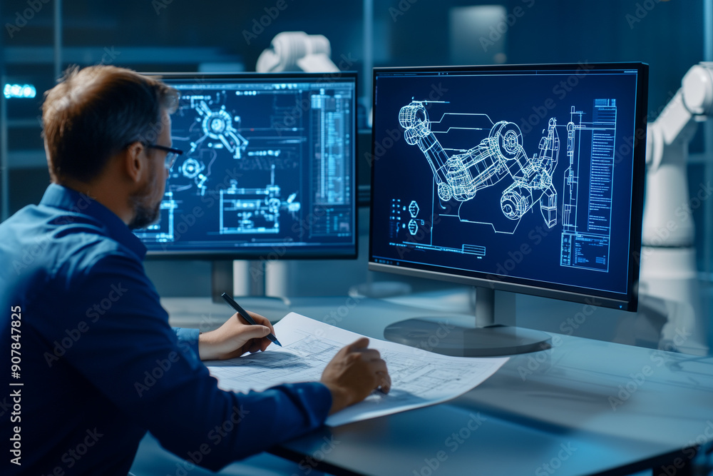 A man sitting at the computer, On the screen there is an industrial design blueprint of a robotic arm. In the background, we can see a dark factory with robots , Engineer control a robot A man sitting at the computer, On the screen there is an industrial design blueprint of a robotic arm. In the background, we can see a dark factory with robots , Engineer control a robot