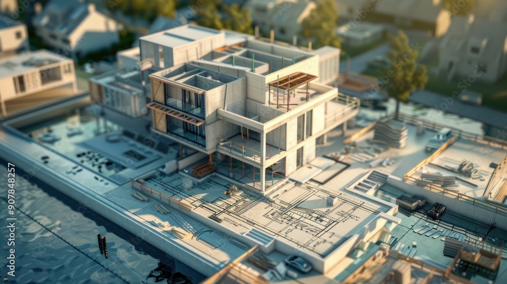 Generate a photo realistic image of a construction project with a detailed cost allocation showing financial charts and budget outlines; ensure the image is of high resolution for clear Generate a photo realistic image of a construction project with a detailed cost allocation showing financial charts and budget outlines; ensure the image is of high resolution for clear