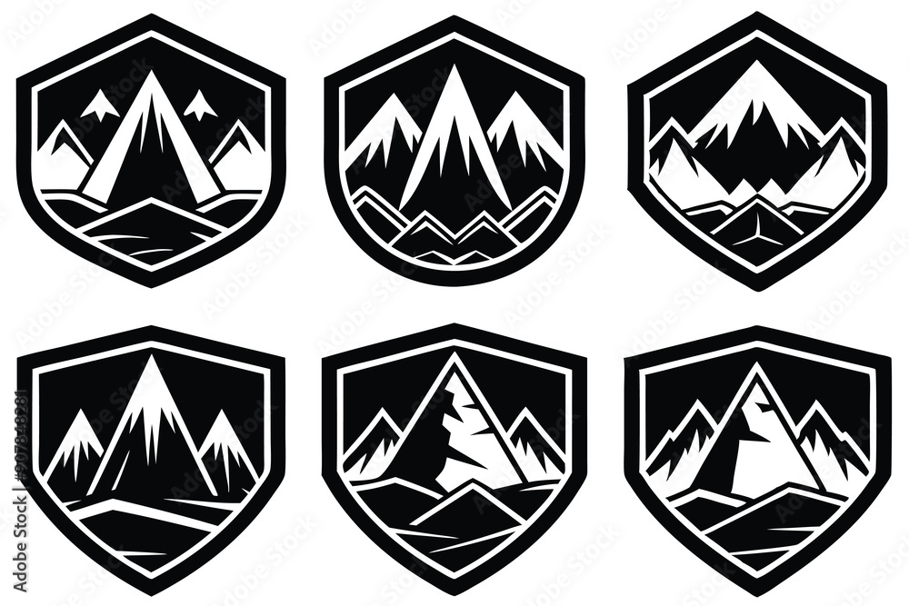 Six Black and White Mountain Range Emblems in Shield Shapes Six Black and White Mountain Range Emblems in Shield Shapes