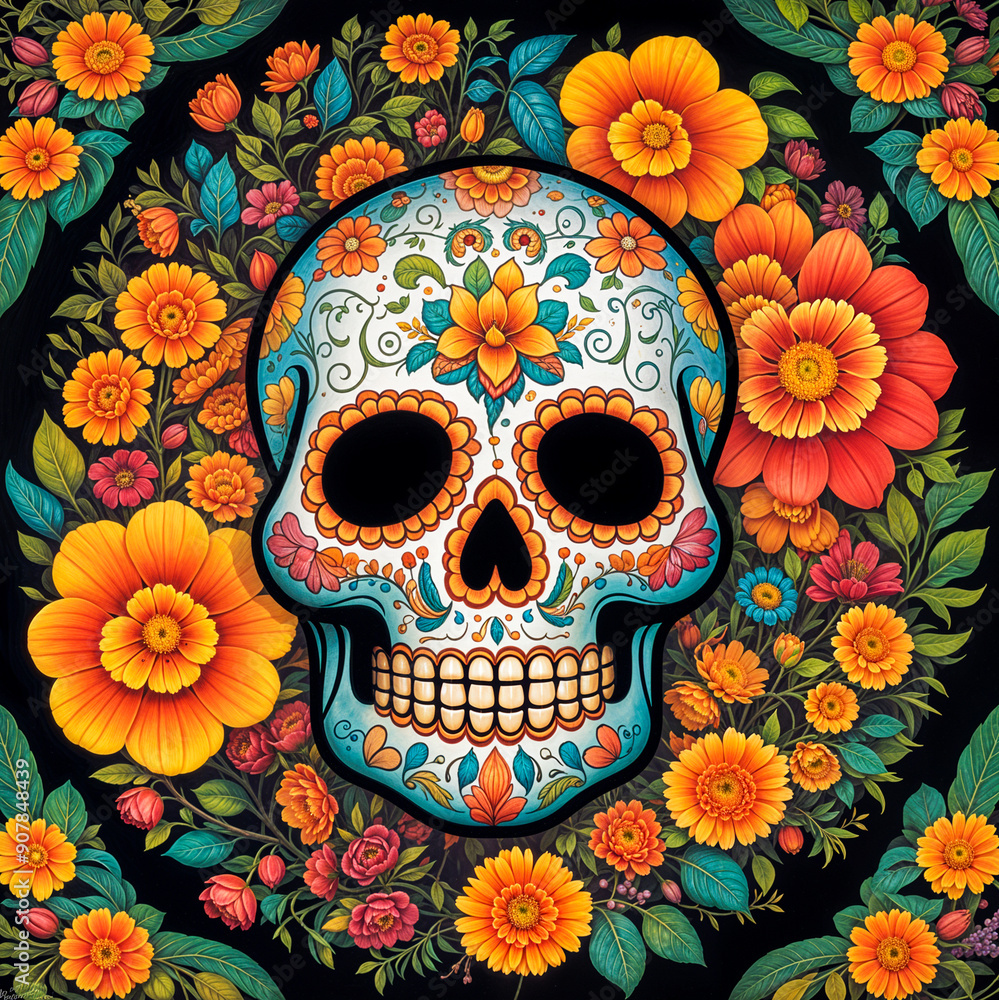 Vibrant Day of the Dead Sugar Skull with Floral Patterns and Marigolds Vibrant Day of the Dead Sugar Skull with Floral Patterns and Marigolds