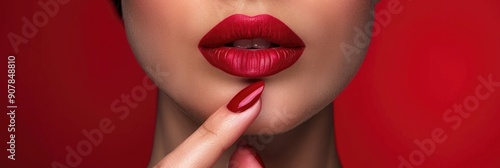 Close up of woman s lips with elegant red makeup and manicure Stunning female full lips with flawless makeup Timeless beauty look Detail of female face Macro close up showcasing beautiful m