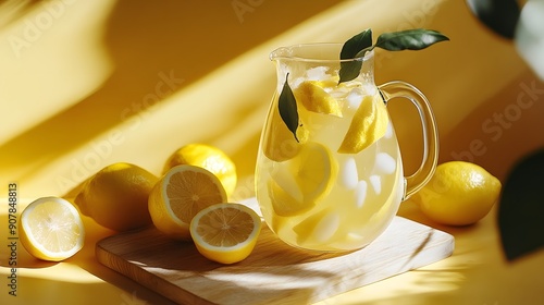 Glass pitcher of fresh lemonade, sliced lemons, whole lemons, green leaves, wooden cutting board, pale yellow background, soft natural lighting, condensation on glass.