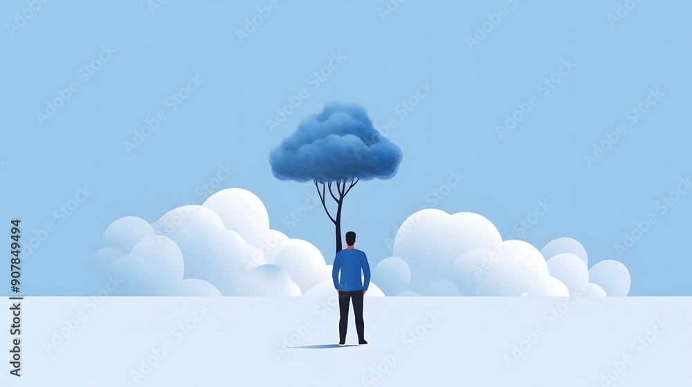 Surreal Scene with Man and Cloud Umbrella: Dreamlike and Artistic