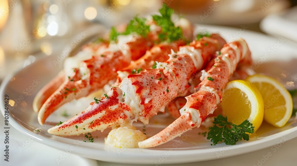 Gourmet seafood platter, steamed king crab legs, bright red shells, white ceramic plate, lemon wedges, fresh parsley garnish, melted butter, fine dining presentation, succulent crab meat. Gourmet seafood platter, steamed king crab legs, bright red shells, white ceramic plate, lemon wedges, fresh parsley garnish, melted butter, fine dining presentation, succulent crab meat.