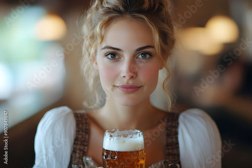 At a beer festival, woman in Oktoberfest dirndls and skirts stand outside, facing the camera photo