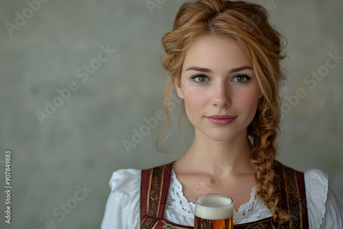 At a beer festival, woman in Oktoberfest dirndls and skirts stand outside, facing the camera photo