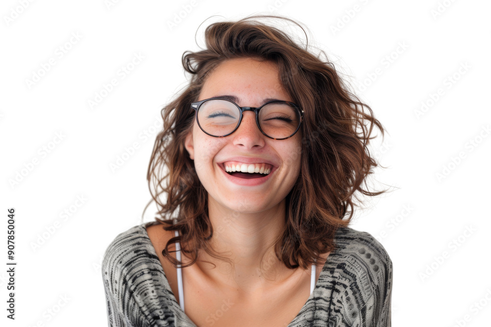 Woman with eyeglasses laughing joyfully Isolated on white background Woman with eyeglasses laughing joyfully Isolated on white background