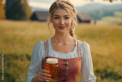 Outside at a beer festival, women dressed in dirndls and skirts pose for the camera photo