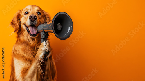 A cute dog holding a megaphone, positioned on the far left of the photo against a yellow background. A fun and energetic image perfect for announcements and promotions.