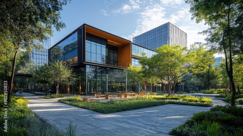 Wallpaper Mural Beekeeping on a corporate campus for biodiversity, with modern office buildings in the background Torontodigital.ca