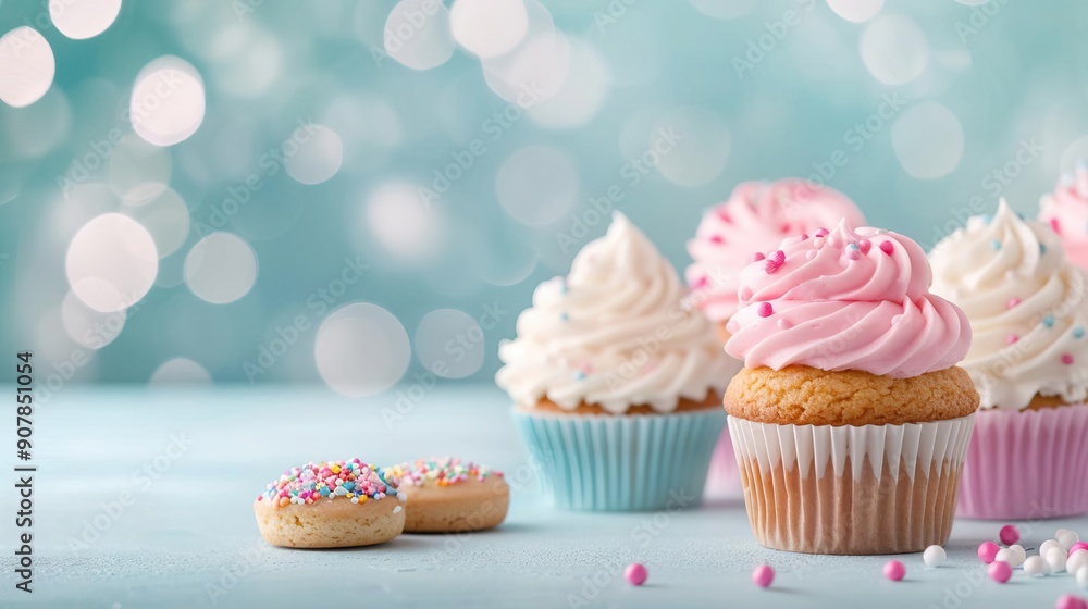 A table set with birthday treats like cupcakes and cookies, with a clear space in the background for copy. Commercial photography, Natural soft pale skin. A table set with birthday treats like cupcakes and cookies, with a clear space in the background for copy. Commercial photography, Natural soft pale skin.