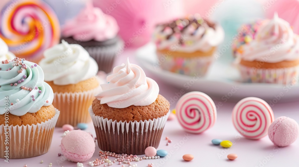 A table filled with various birthday treats, including cupcakes, candies, and cookies. Commercial photography, Natural soft pale skin. A table filled with various birthday treats, including cupcakes, candies, and cookies. Commercial photography, Natural soft pale skin.