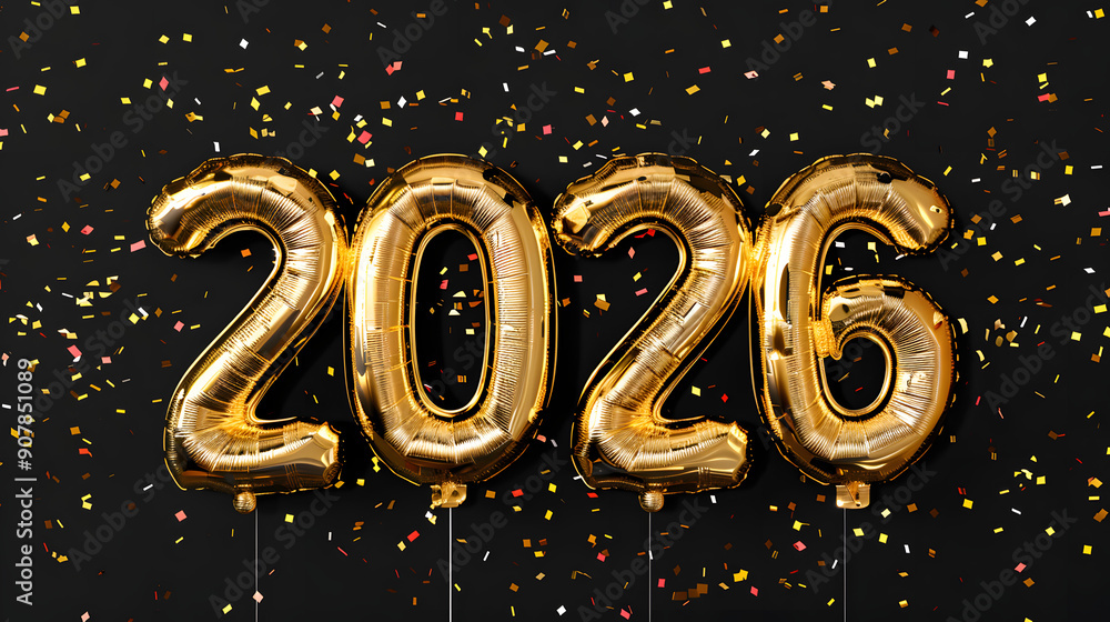 2026 in Gold Balloons with Confetti - New Year Concept. 2026 in Gold Balloons with Confetti - New Year Concept.