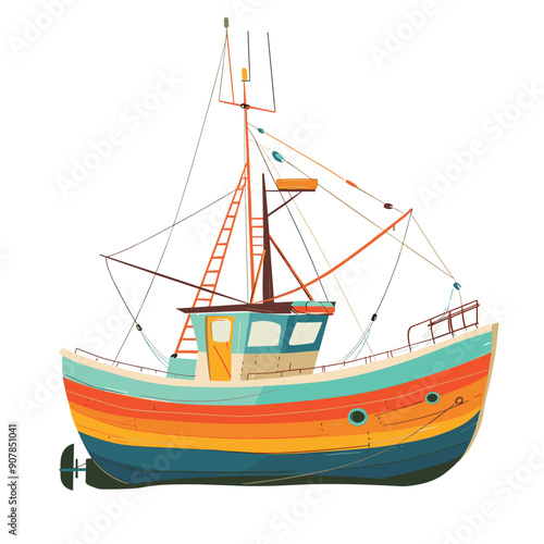 Colorful wooden fishing trawler featuring bright stripes, rigging, fishing equipment. Side view, detailed elements ladder, windows, mast illustrating maritime design. Cartoonstyle drawing smooth