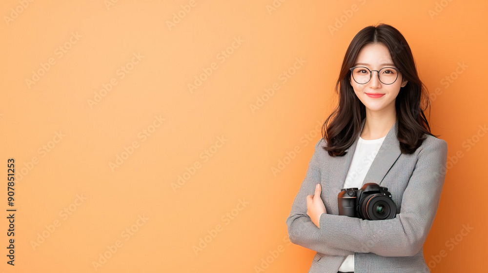 A half-body shot of a model in a solid color background, wearing a casual outfit, holding a DSLR camera in a photography pose A half-body shot of a model in a solid color background, wearing a casual outfit, holding a DSLR camera in a photography pose
