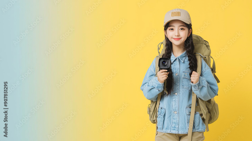 A full-body shot of a model against a solid color background, dressed in vintage attire, posing with an old film camera A full-body shot of a model against a solid color background, dressed in vintage attire, posing with an old film camera
