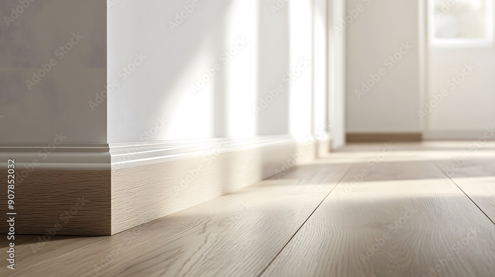 Modern interior baseboard, light tan wooden floor, white walls, clean corner joint, minimalist design, close-up view, precise carpentry, smooth textures, subtle wood grain. Modern interior baseboard, light tan wooden floor, white walls, clean corner joint, minimalist design, close-up view, precise carpentry, smooth textures, subtle wood grain.