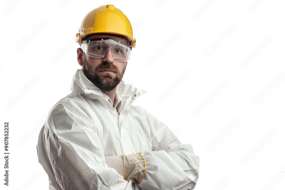 Thoughtful factory manager in protective gear reflecting isolated on white background Thoughtful factory manager in protective gear reflecting isolated on white background