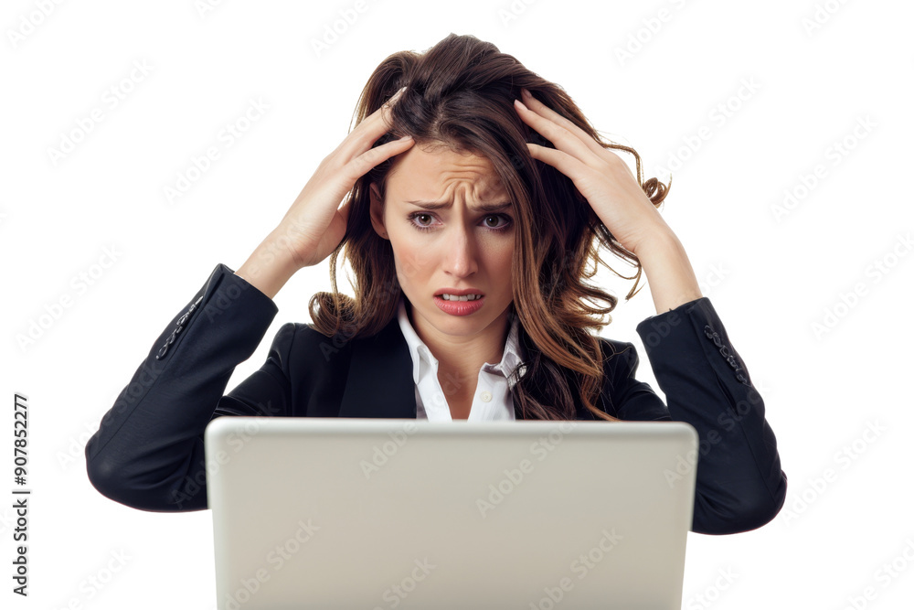 Stressed businesswoman typing on laptop, isolated on white background Stressed businesswoman typing on laptop, isolated on white background