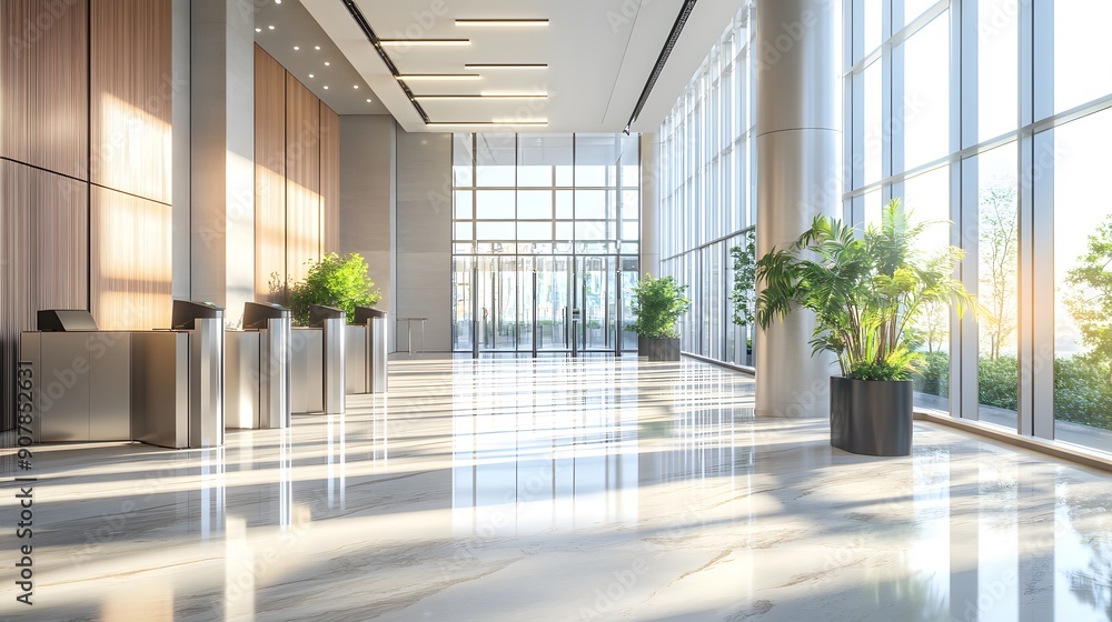 Fototapeta premium Modern office lobby, security turnstiles, floor-to-ceiling windows, abundant natural light, bright interior, polished marble floors, glass partitions, indoor plants, wooden accents.