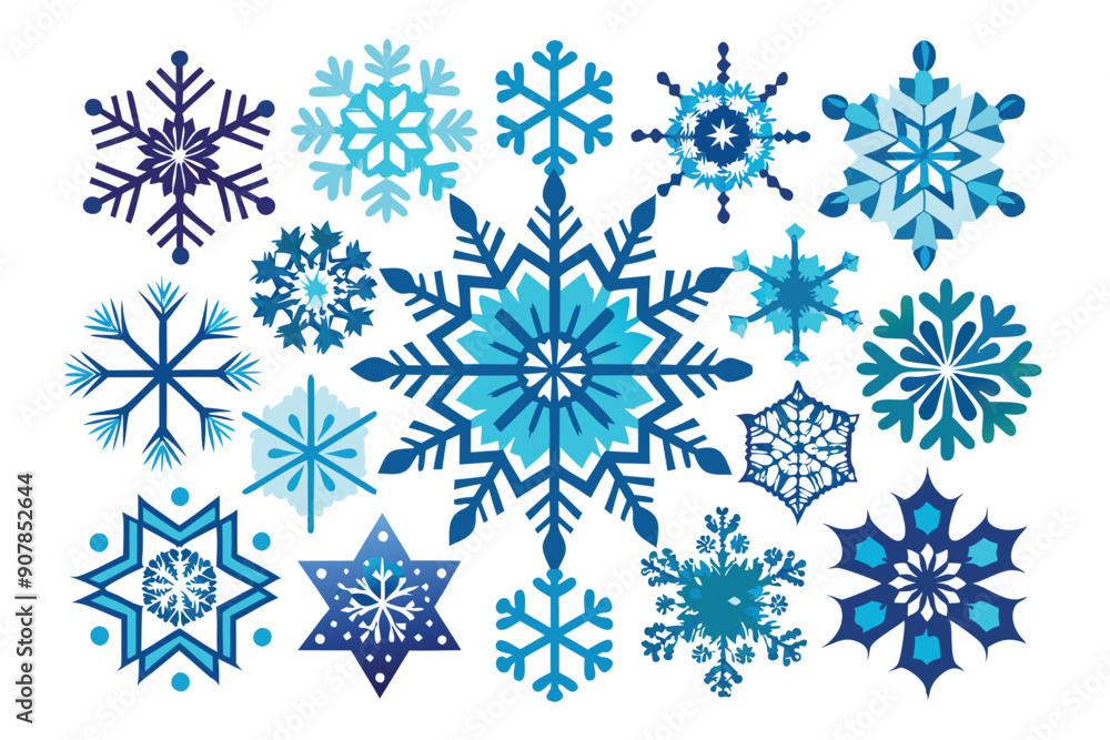 Collection of Blue and White Snowflakes on White Background Collection of Blue and White Snowflakes on White Background