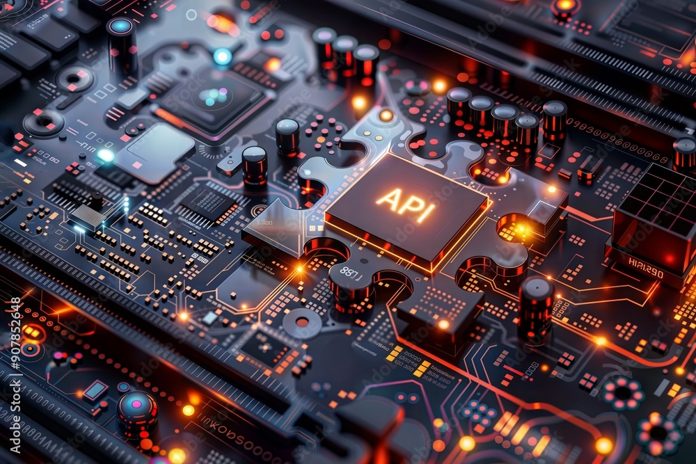 API on Circuit Board. A glowing API chip is integrated into a complex, intricate circuit board, symbolizing the core of modern technology. API on Circuit Board. A glowing API chip is integrated into a complex, intricate circuit board, symbolizing the core of modern technology.