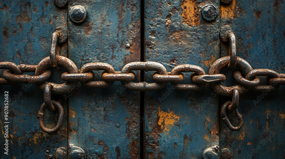 Rusty iron chain securing lock on metal door in afternoon
Rusty iron chain securing lock on metal door in afternoon