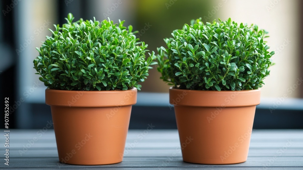 On the balcony, young boxwood bushes are growing in flower pots. On the balcony, young boxwood bushes are growing in flower pots.